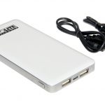 A white power bank with a charger attached to it.