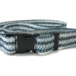 A blue and white dog collar with a black buckle.
