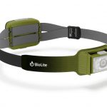 A green headlamp with a black strap.