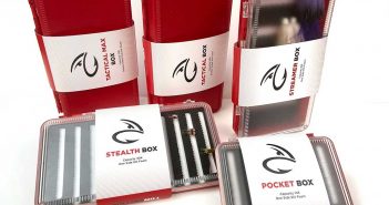 A set of red and white boxes with different items inside.