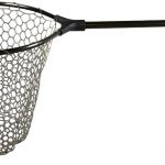 A fishing net with a handle on a white background.