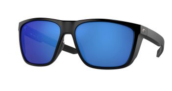 A pair of black sunglasses with blue mirrored lenses.