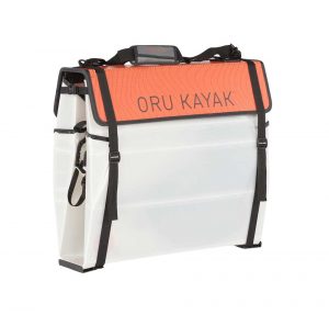 An orange and white bag with the word oru kayak on it.