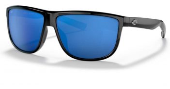 A pair of black sunglasses with blue mirrored lenses.