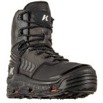 A black and orange hiking boot on a white background.