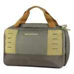 A gray and tan bag with a handle.