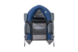 A blue and gray inflatable raft with an open door.