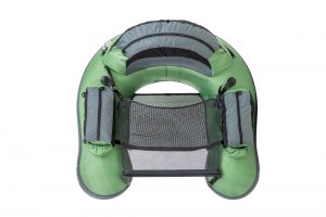 A green inflatable raft on a white background.