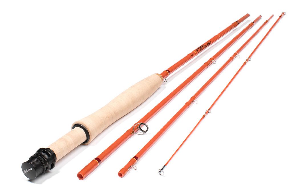 A fly rod with an orange handle and a black handle.