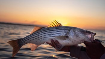 A person holding a striped bass at sunset.