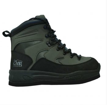 A grey and black hiking boot on a white background.