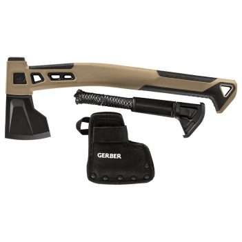 An axe with a leather sheath and a knife.