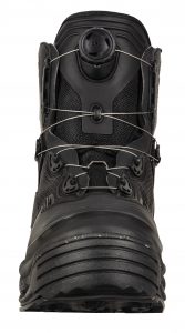 The back of a black hiking boot with straps.