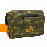 A camouflage waist bag with an orange strap.