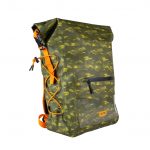 A green camouflage backpack with orange straps.