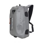 The simmons waterproof backpack is grey with black straps.