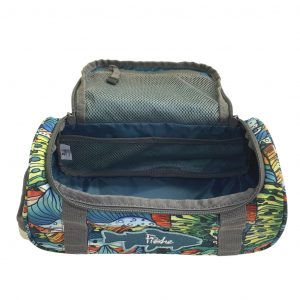 A colorful duffel bag with a zippered compartment.