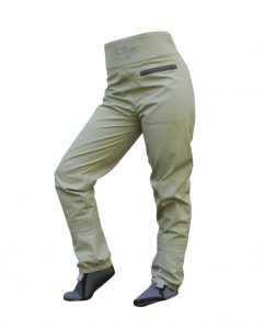 A women's green waterproof pant with a zipper on the side.