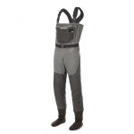 A gray and black wader with straps.