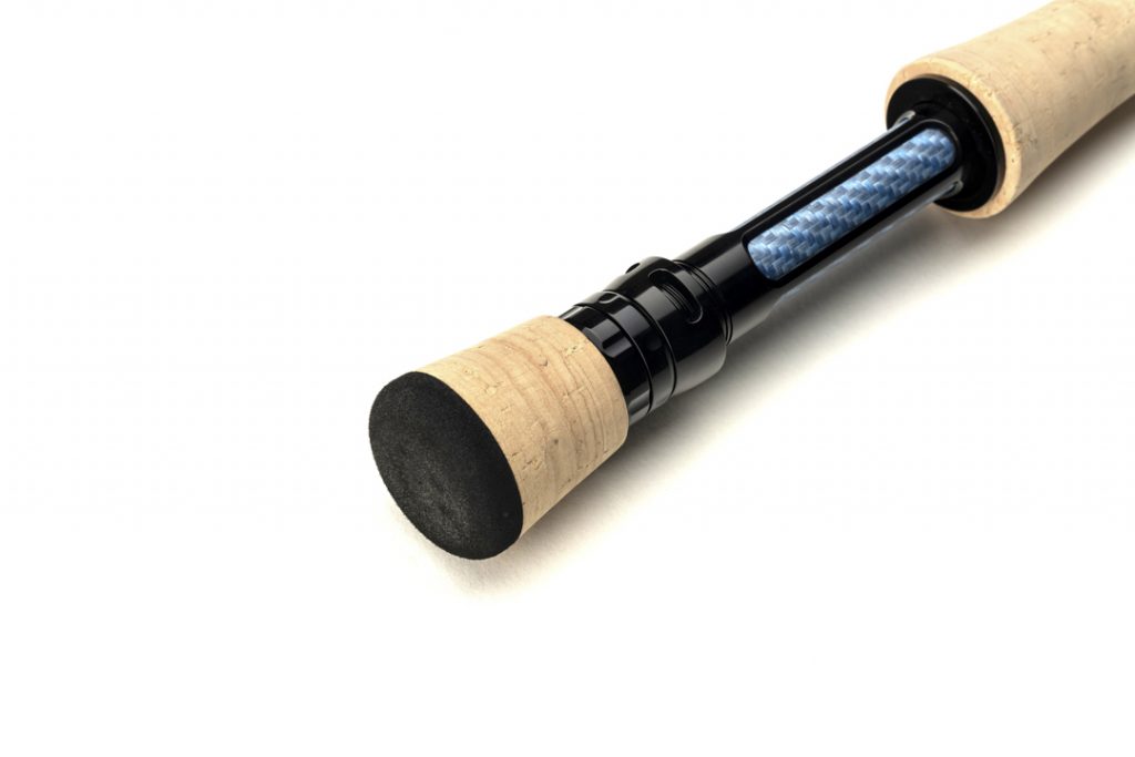 A fly rod with a black handle and a blue handle.
