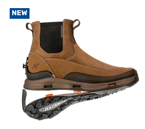 A men's brown boot with an orange sole.