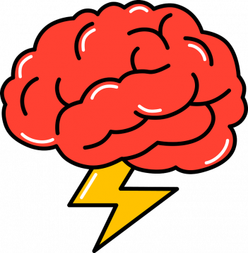 A cartoon brain with a lightning bolt.