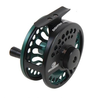 A green and black fly reel on a white background.