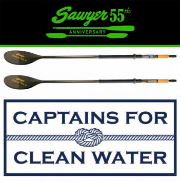 A pair of paddles with the words captains for clean water.
