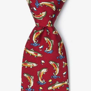 A red tie with fish on it.