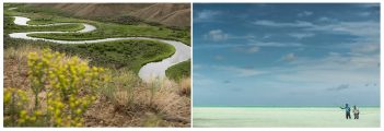 Two pictures of a river and a man fishing.