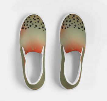 A pair of green and orange slip on shoes.