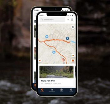 Two iphones displaying a map of a river.