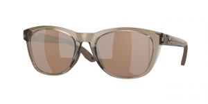 A pair of sunglasses with brown lenses on a white background.