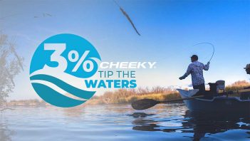 A man is fishing in a boat with the words 3 % cheeky tip the waters.