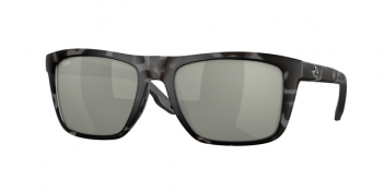 A pair of sunglasses with grey lenses and a tortoise pattern.