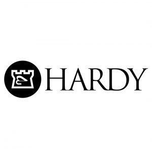 A black and white logo with the word hardy.