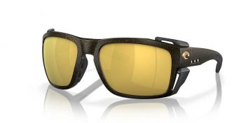 A pair of sunglasses with gold mirrored lenses.
