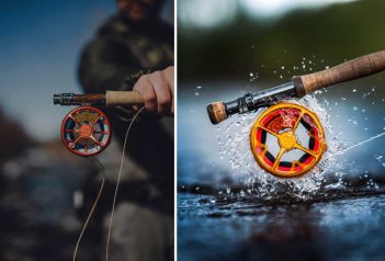 Two pictures of a fly fishing reel and a man holding it.