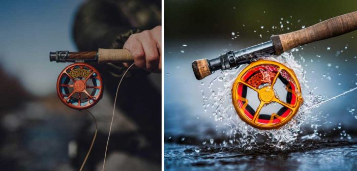 Two pictures of a fly fishing reel and a man holding it.