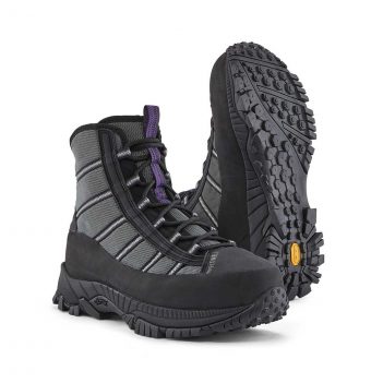 A pair of black and purple hiking boots on a white background.