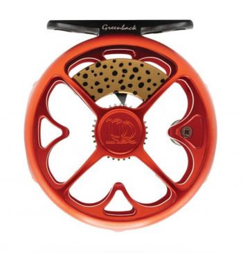 A red fly reel with a black handle.