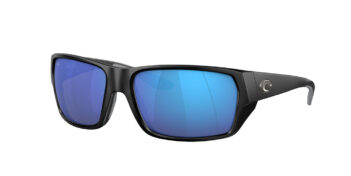 A pair of black sunglasses with blue mirrored lenses.