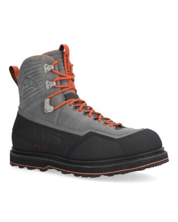 A grey and orange hiking boot with orange laces.