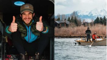 Two pictures of a man in a boat and a man giving thumbs up.