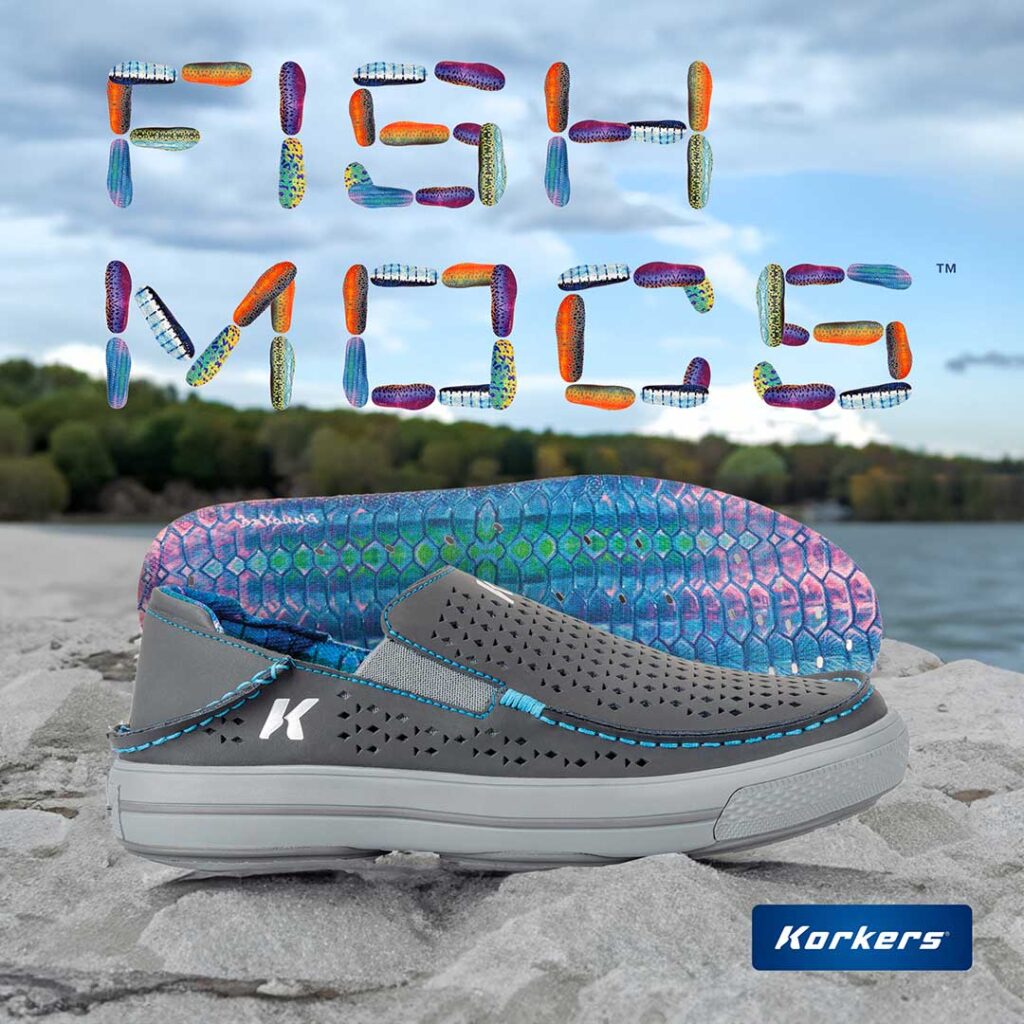 A promotional image for korkers footgear featuring a shoe with a multicolored sole, placed against a natural backdrop with "fish with us" written above in stylized text.