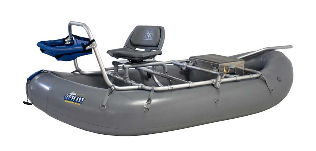 Inflatable fishing pontoon boat with a seat and metal frame.