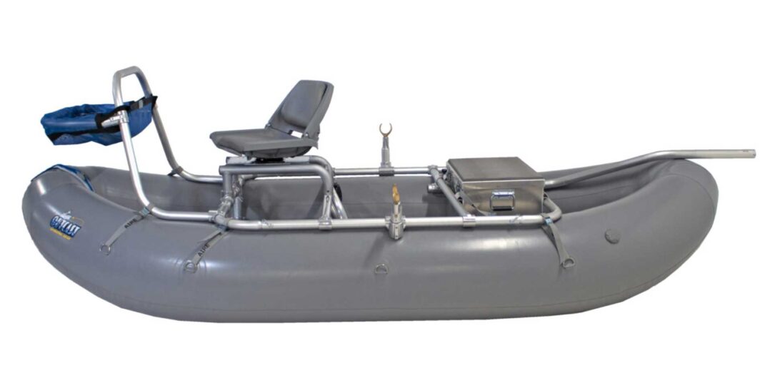 Inflatable pontoon fishing boat with a single seat and oarlocks on a white background.