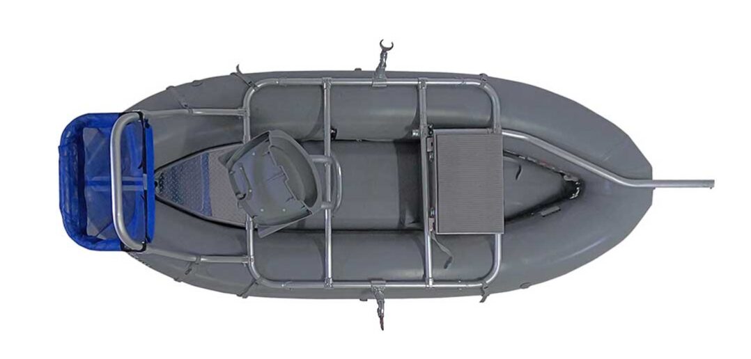Inflatable boat with oars and a blue seat viewed from above.