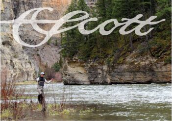 A person fly fishing in a river with steep cliffs in the background and a large "scott" watermark overlaying the image.