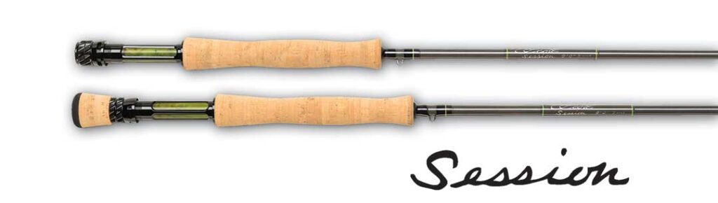 Two fly fishing rods labeled "session" on a white background.